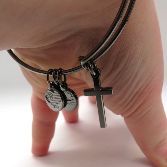 Alex Ani Cross Charm Bangle Bracelet Gun Metal Gray Tone Adjustable - Picture 3 of 8